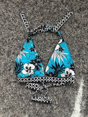 Blue Floral Halter Bikini Top with Geometric Trim